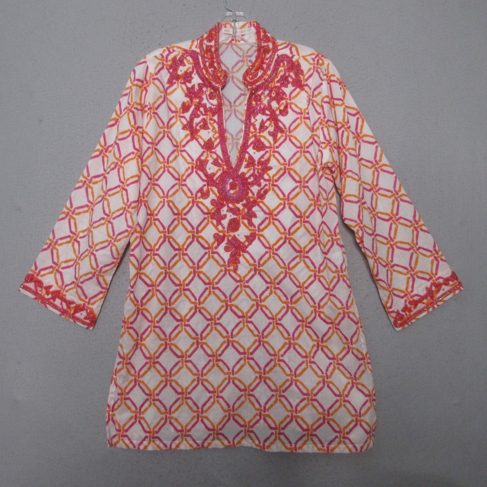 Barbara Gerwit Top Tunic Large Orange Beaded Resort Statement Piece Beach Artsy‎